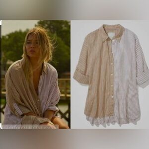 Striped tan and white American Eagle button up oversized